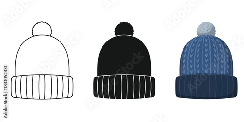 Winter Knit Hats Three styles vector set line art, silhouette and color version