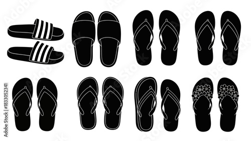 Collection of various flip-flop and slide sandal designs, perfect for summer footwear and beach accessories