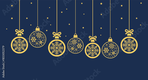 Elegant gold Christmas baubles and snowflakes hanging on dark blue background, festive holiday illustration perfect for seasonal greeting cards, winter banners, invitations and New Year party designs.