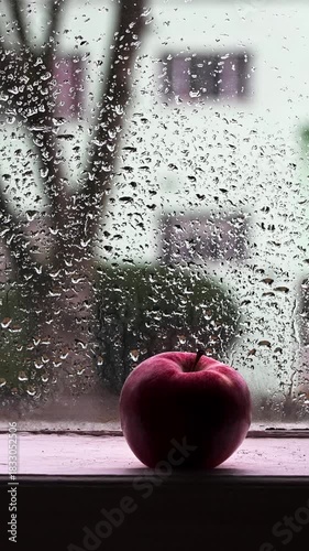 Raindrops create a hazy backdrop on the window while an apple rests on the sill. Vertical time lapse video. 