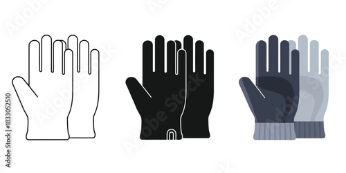 Glove icons In Three styles vector set line art, silhouette and color version