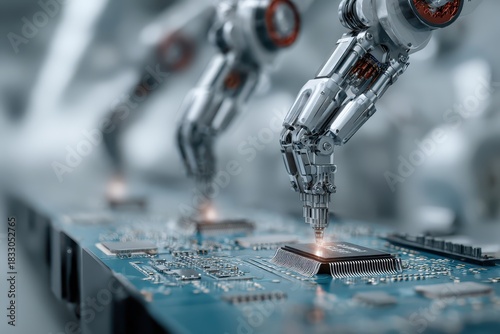 Robotic arms work on a microchip on a circuit board. Shows automation in tech, engineering, and manufacturing.
