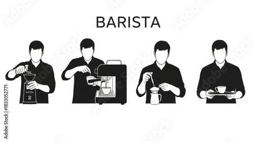 Barista Silhouette Vector Set — Grinding Beans, Pouring Shot, Frothing Milk, Serving Cup, Coffee Shop Worker Illustration

