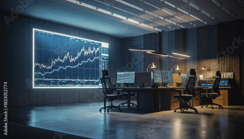 Modern finance office showcasing stock market data trends, ideal for investment strategies and financial analysis content creation, promoting success and growth