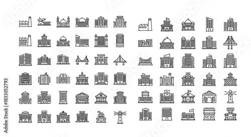 Collection of Building Icons Representing Diverse Architectural Styles and Landmarks