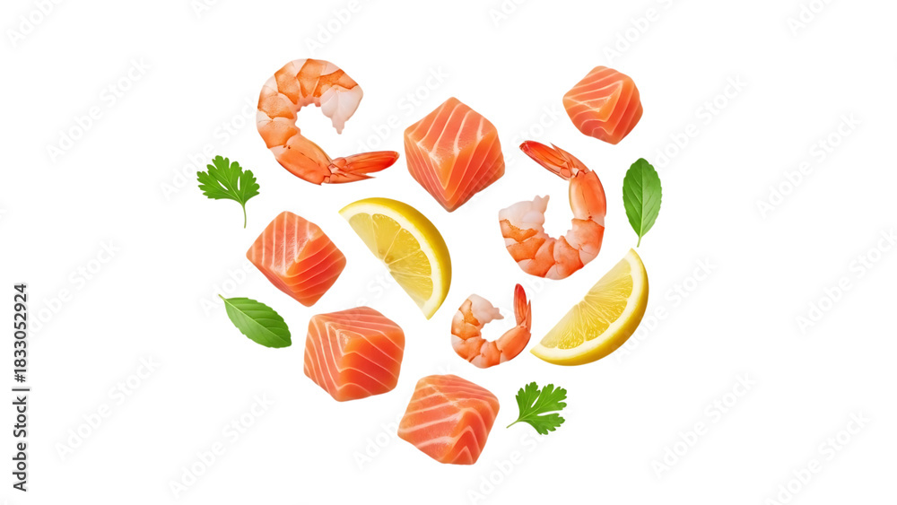 Fototapeta premium Fresh seafood ingredients with salmon and shrimp for healthy mediterranean diet meal preparation and culinary advertising