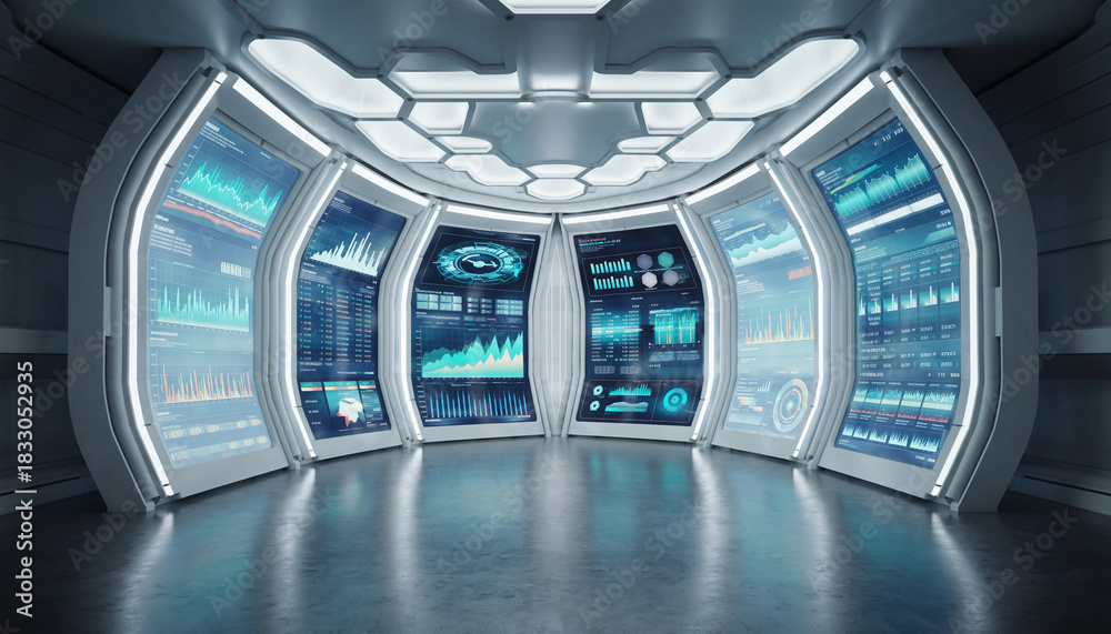 Fototapeta premium Step into the future with this modern control room featuring interactive data displays, perfect for science fiction, data analysis, and cutting-edge technology concepts