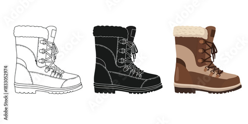 Winter snow boots In Three styles vector set line art, silhouette and color version