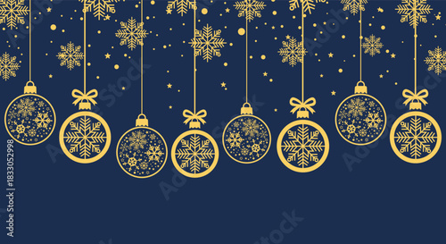 Elegant gold Christmas baubles and snowflakes hanging on dark blue background, festive holiday illustration perfect for seasonal greeting cards, winter banners, invitations and New Year party designs.