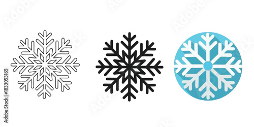 Snowflake icons Three styles vector set line art, silhouette and color version