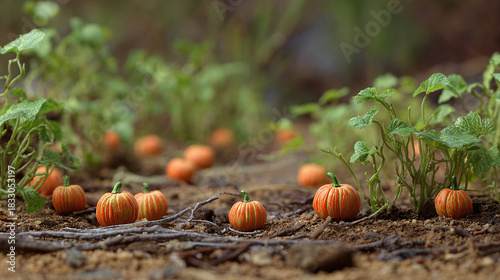 Miniature pumpkins nestled in a flourishing field, a harvest season vision
