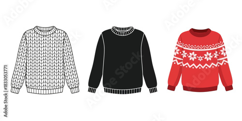 Sweater In Three styles vector set line art, silhouette and color version