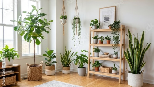 Cozy and inviting living room filled with various houseplants on shelves and on the floor, in a bright modern home.