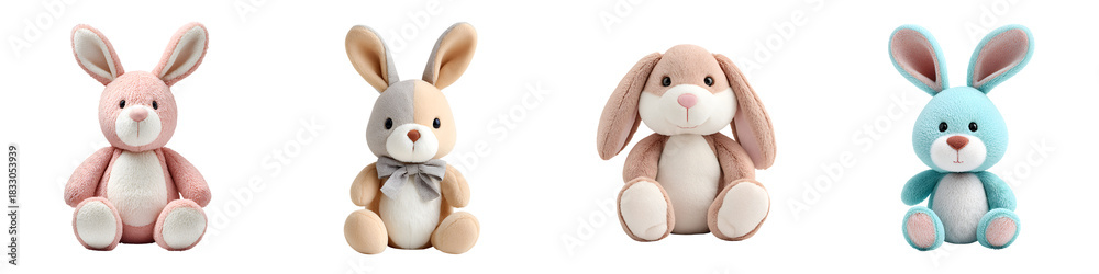 Fototapeta premium Pastel Plush Bunnies: Cute Easter and Children's Toys Collection
