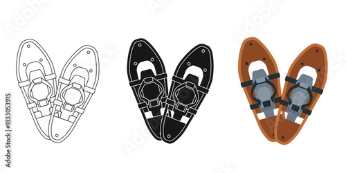 Three styles vector set line art, silhouette and color version set of three snowshoe illustrations in outline, solid black, and color versions for winter sport design