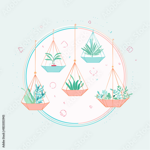 Collection Of Hanging Geometric Terrariums With Lush Green Plants And Blue Water Set Against A Soft Blue And Pink Circular Background With Geometric Accents