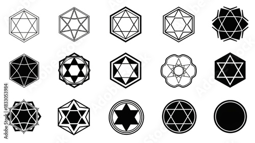 Hexagram Star Silhouette Vector Set — Thin Line, Thick Line, Double Inset, Rounded Edge, Geometric Ornament Illustration

