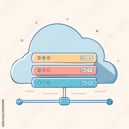 Stylized Cloud Server Rack With Network Connection In Light Blue Sky Background