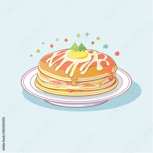 Stack Of Golden Pancakes Topped With Yellow Butter And White Cream Drizzled On A White Plate With Pink Border On A Light Blue Background