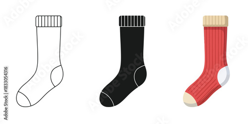 Sock In Three styles vector set line art, silhouette and color version