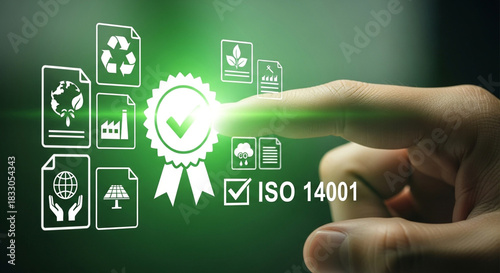 Iso 14001 certification concept with a finger touching a digital screen displaying environmental icons representing sustainability compliance and ecofriendly practices for business