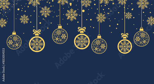 Elegant gold Christmas baubles and snowflakes hanging on dark blue background, festive holiday illustration perfect for seasonal greeting cards, winter banners, invitations and New Year party designs.