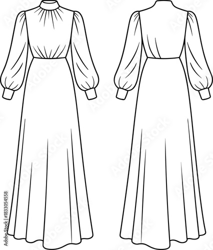 Front and back long sleeve maxi dress line art vector, high neck evening gown fashion sketch, minimalist women apparel sewing outline, pattern illustration isolated