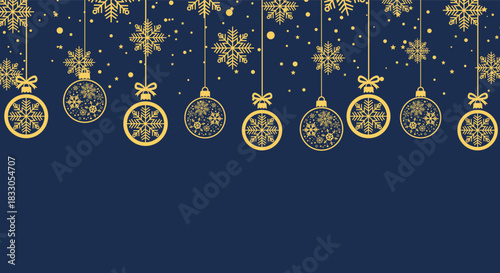 Elegant gold Christmas baubles and snowflakes hanging on dark blue background, festive holiday illustration perfect for seasonal greeting cards, winter banners, invitations and New Year party designs.