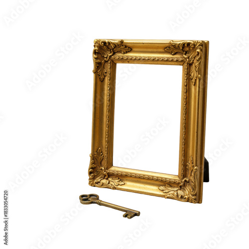 Exquisitely crafted antique rectangular golden picture frame of ornate gilded wood with intricate floral carvings, small polished brass key, isolated on transparent background, luxury product display