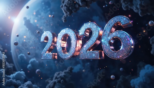The year twenty twenty six in a cosmic scene with a planet and clouds in the background with sparkles