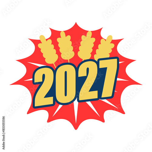 Yellow wheat stalks and the number 2027 on a red burst