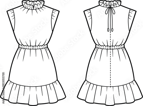 Front back sleeveless ruffle neck dress line art vector, ribbon tie summer blouse gown sketch, elastic waist pleated hem clothing outline, sewing pattern illustration isolated