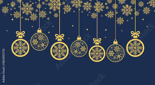 Elegant gold Christmas baubles and snowflakes hanging on dark blue background, festive holiday illustration perfect for seasonal greeting cards, winter banners, invitations and New Year party designs.