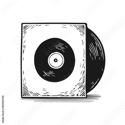 Black vynil record icon. Hand drawn engraved sketch illustration.