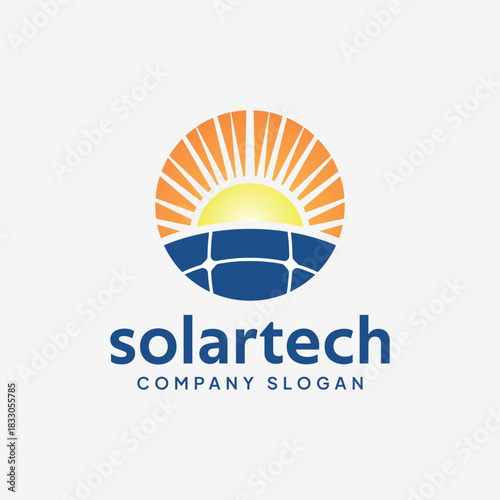 SolarTech Logo - Solar Panel And Sunrise Renewable Energy Icon.