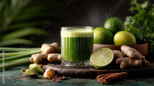 Green juice with ginger, lime and spices sits on a dark wooden board. Use this for wellness, healthy eating, or detox articles and advertising.