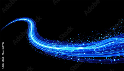 Navy blue glowing light streak curve with particles, magical deep blue swoosh trail transparent SVG png