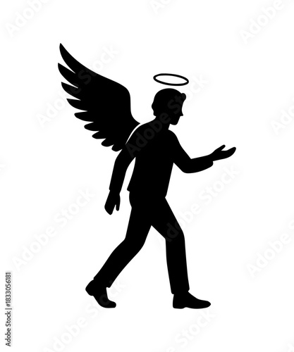 Male angel silhouette running, having wings, halo, in a hurry