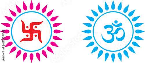 "Symbolic Sun Designs: Swastika and Om in Vibrant Pink and Blue"