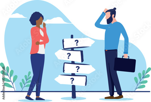 : Business difficult choices - Man and woman trying to make a choice for the road ahead. Uncertainty and doubt concept. Flat design vector illustration with white background.