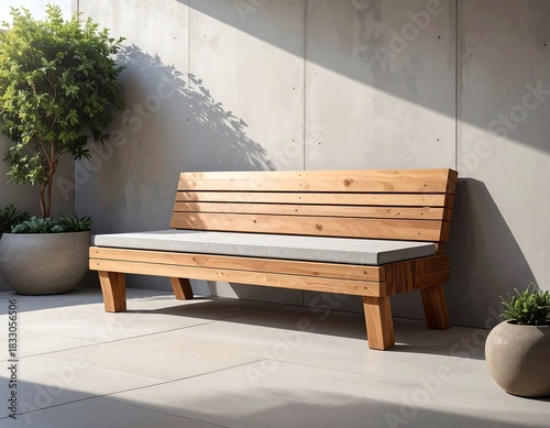 Stylish wooden bench with grey cushion in a minimalist outdoor setting