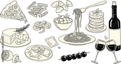 Exquisite Italian cuisine sketch featuring pasta, pizza, cheese, and wine, a culinary journey through Italy, perfect for restaurant menus and food blogs