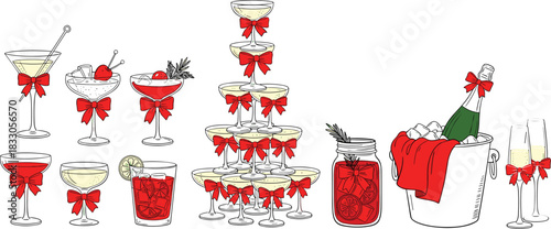 Festive cocktails for celebratory events, elegant drinks with bows for parties, modern barware, vintage celebration, upscale cocktails for holidays, cheers