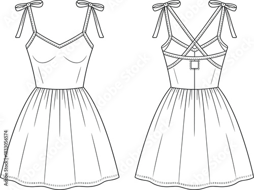 Front back summer dress line art, sleeveless halter ribbon tie fashion sketch, minimalist clothing illustration, women apparel vector, boutique design, sewing outline drawing