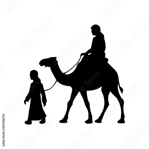 Desert traveler riding camel silhouette vector