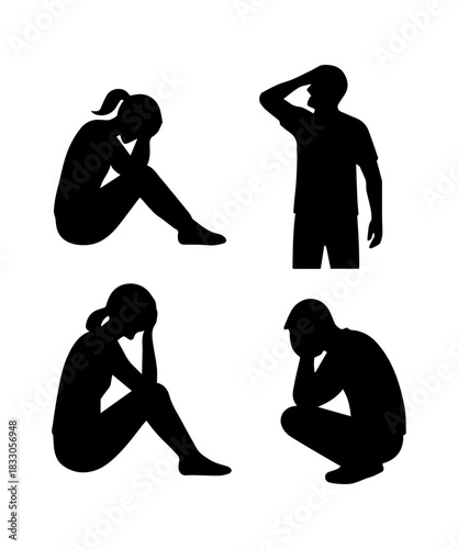 Person silhouette set crouching in despair feeling depressed