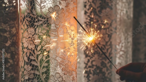 Hand Holds Sparkler Near Lace Curtain with Glowing Sparks firework holding