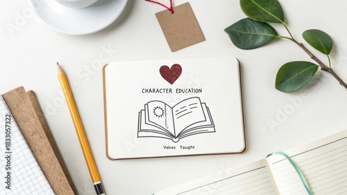 Open Book Sketch with Heart Symbol and Character Education Text