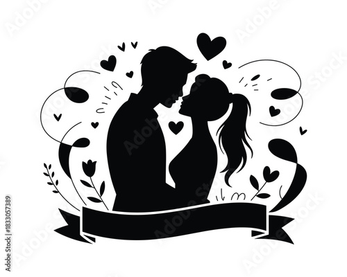 Silhouette couple embracing with hearts and floral elements for romantic design
