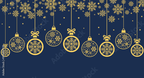 Elegant gold Christmas baubles and snowflakes hanging on dark blue background, festive holiday illustration perfect for seasonal greeting cards, winter banners, invitations and New Year party designs.